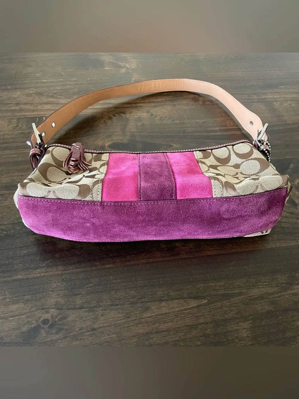 Vintage Coach 7039 Signature Stripe Suede Demi Baguette Shoulder Bag